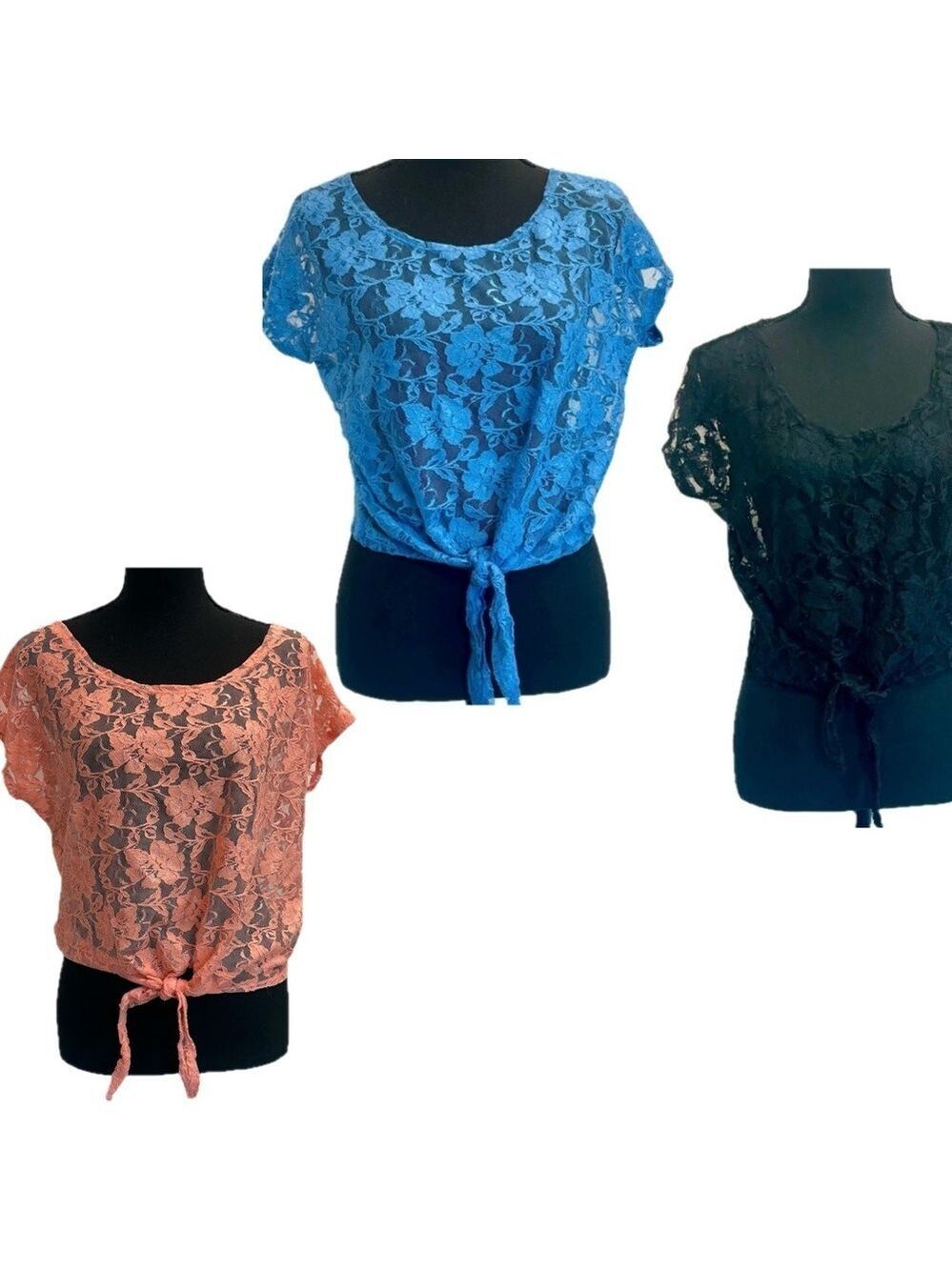 Seduction peach, black & blue lace short sleeve round neck tie knot blouse top M